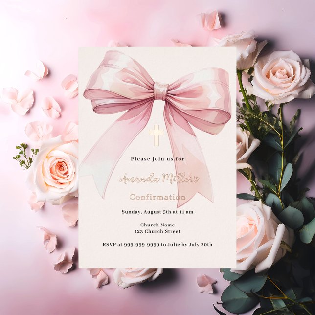 Invitation En Aluminium Pink bow crème fille Confirmation (Créateur téléchargé)
