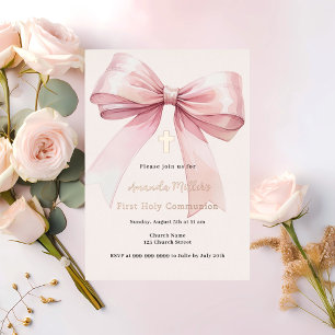 Invitation En Aluminium Pink bow crème fille Première communion