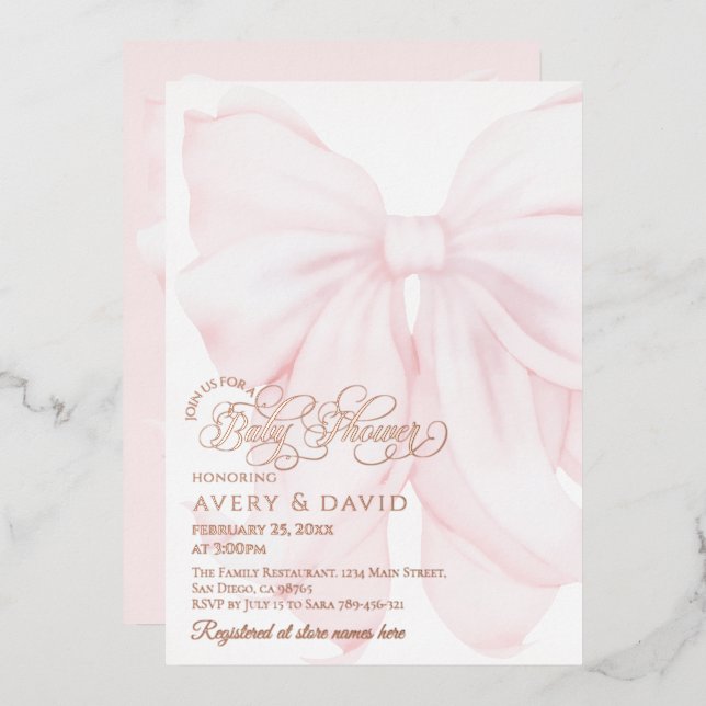 Invitation En Aluminium Pink Bow moderne Élégant Baby shower fille (Recto/Verso)