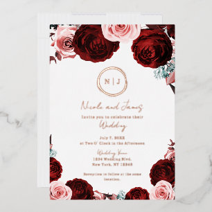 Invitation En Aluminium Pink & Dark Red Floral Glam Mariage moderne Photo