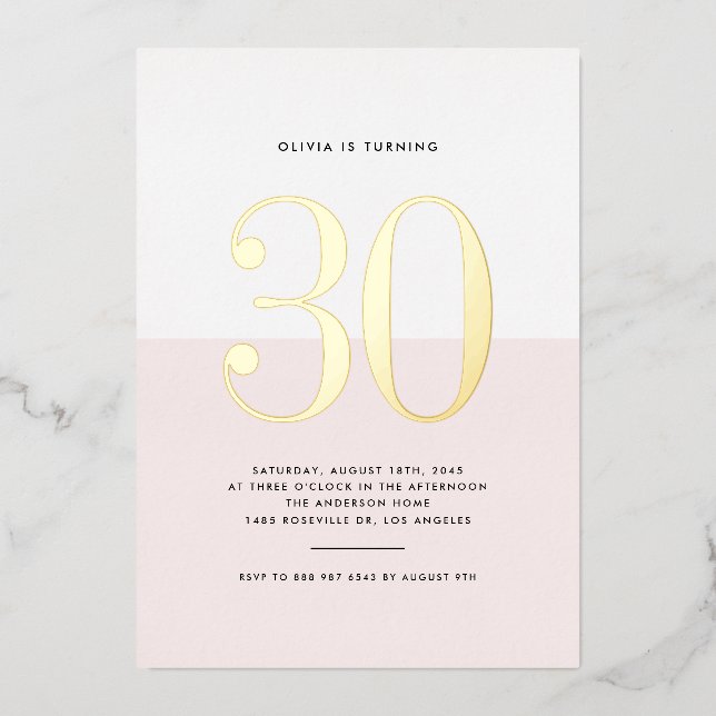 Invitation En Aluminium Pink et blanc moderne 30e anniversaire Gold Foil (Recto)