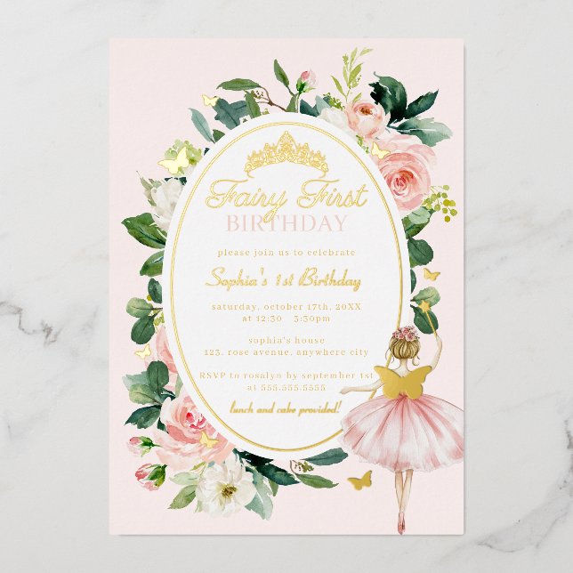 Invitation En Aluminium Pink Fairy Premier Anniversaire Or (Recto)