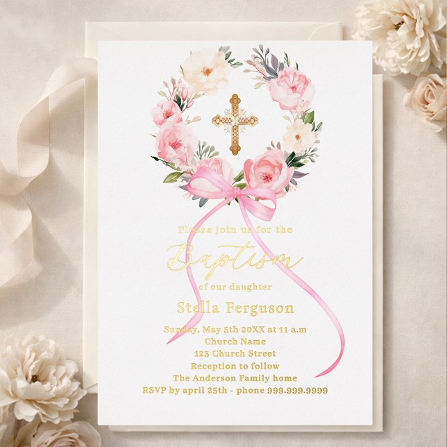Invitation En Aluminium Pink floral wreath bow gold cross girl baptism (Créateur téléchargé)