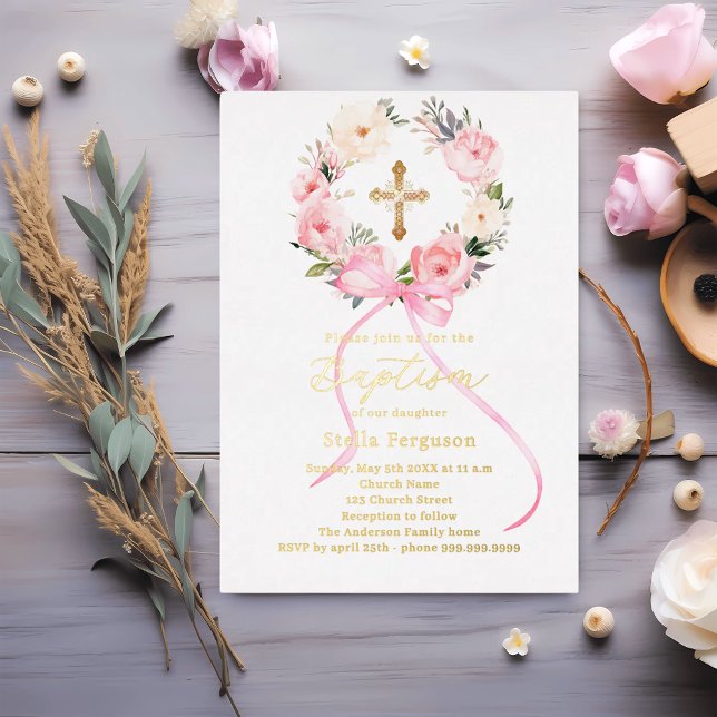 Invitation En Aluminium Pink floral wreath bow gold cross girl baptism (Créateur téléchargé)