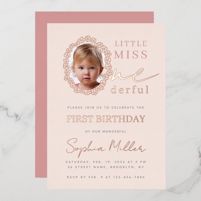 Invitation En Aluminium Pink Girl Photo Floral Frame Little Miss Onederful (Recto/Verso)