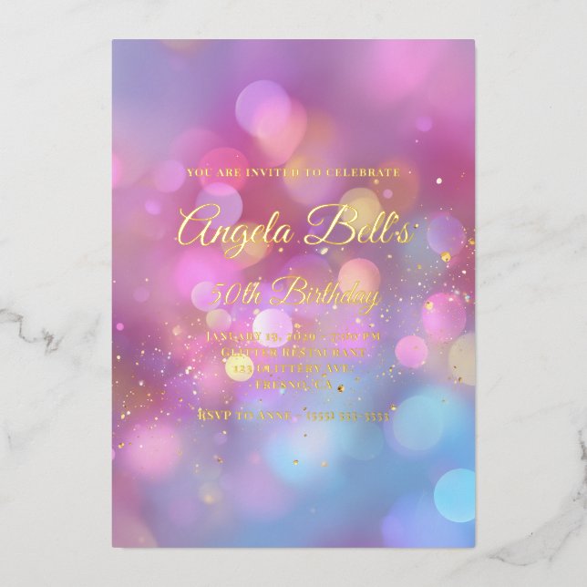 Invitation En Aluminium Pink Gold and Blue Bokeh 50th Birthday (Recto)