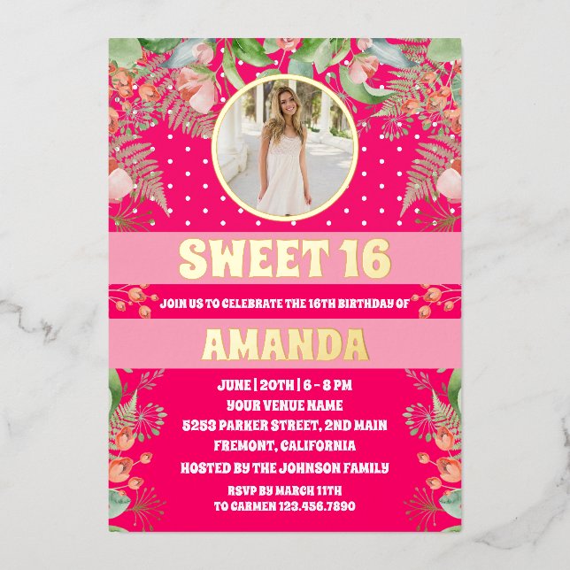Invitation En Aluminium Pink Gold Floral Sweet 16 Party Photo (Recto)