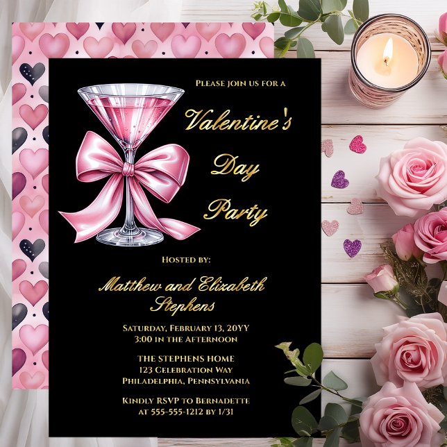 Invitation En Aluminium Pink Martini Coquette Bow Valantine's Day Party (Valentine’s Day Party Gold Foil on Black Invitation | Pink Martini Bow Couple’s Valentine Invite)