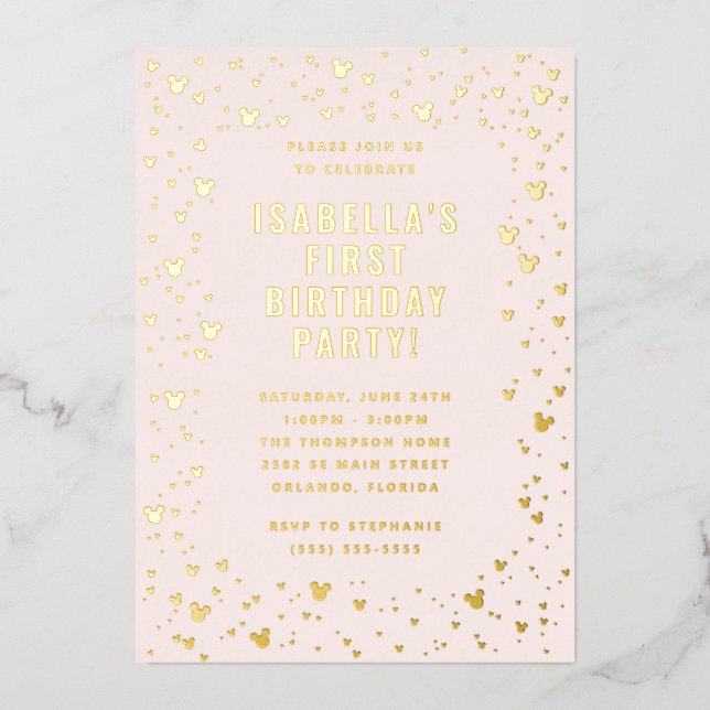 Invitation En Aluminium Pink Minnie Mouse Confetti Girl's premier annivers (Recto)