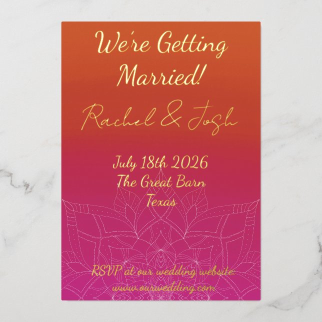 Invitation En Aluminium Pink & Orange Bright Ombre Mandala Mariage (Recto)