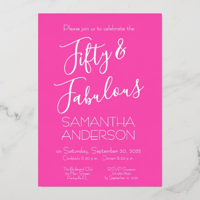 Invitation En Aluminium Pink Silver Elegant 50 & Fabulous Birthday Party  (Recto)