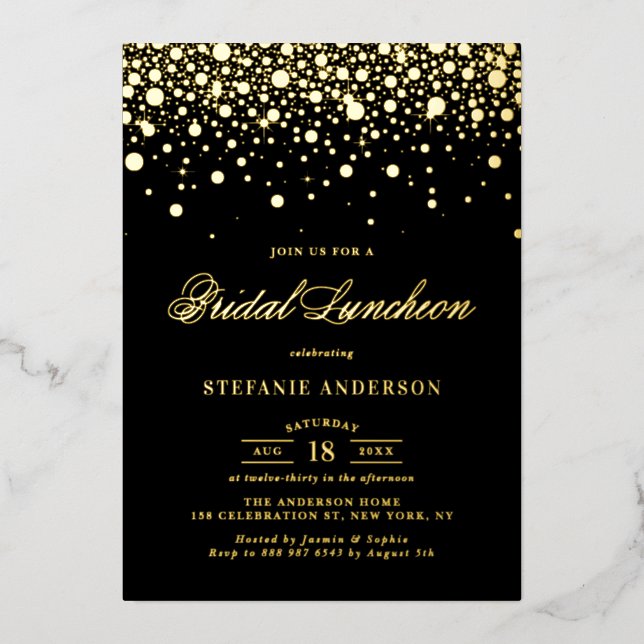 Invitation En Aluminium Pique-nique Noir et Or Confetti Dots Bridal (Recto)