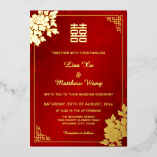 Invitation En Aluminium Pivoine dorée rouge scintillante   Mariage chinois