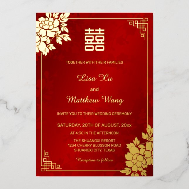 Invitation En Aluminium  Pivoine rouge scintillante or | Mariage chinois (Recto)
