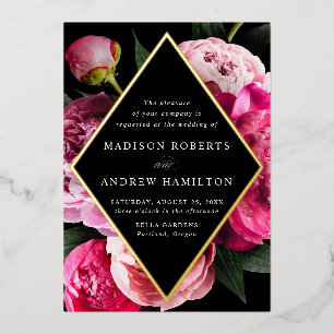 Invitation En Aluminium Pivoines Vibrantes Cadre Floral Diamant Mariage Or