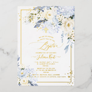 Invitation En Aluminium PixDezines H2 Blue Hydrangeas Crème Roses Baptême
