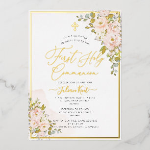 Invitation En Aluminium PixDezines H2 Blush Roses première sainte communio