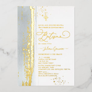Invitation En Aluminium PixDezines H2 Dusty Blue Batismo Real Gold Foil I