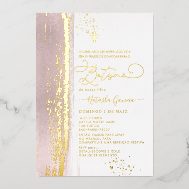 Invitation En Aluminium PixDezines H2 Dusty Rose Batismo Real Gold Foil (Recto)