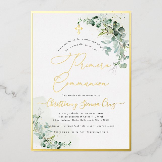 Invitation En Aluminium PixDezines H2 Rustique Eucalyptus Primera Communio (Recto)