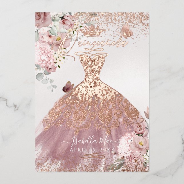 Invitation En Aluminium PixDezines Quinceanera Dusty Rose Gold Gown (Recto)