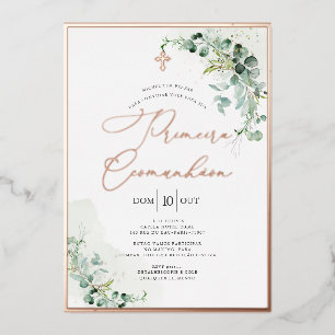Invitation En Aluminium PixDezines Rose Gold Eucalyptus Primeira Comunhão