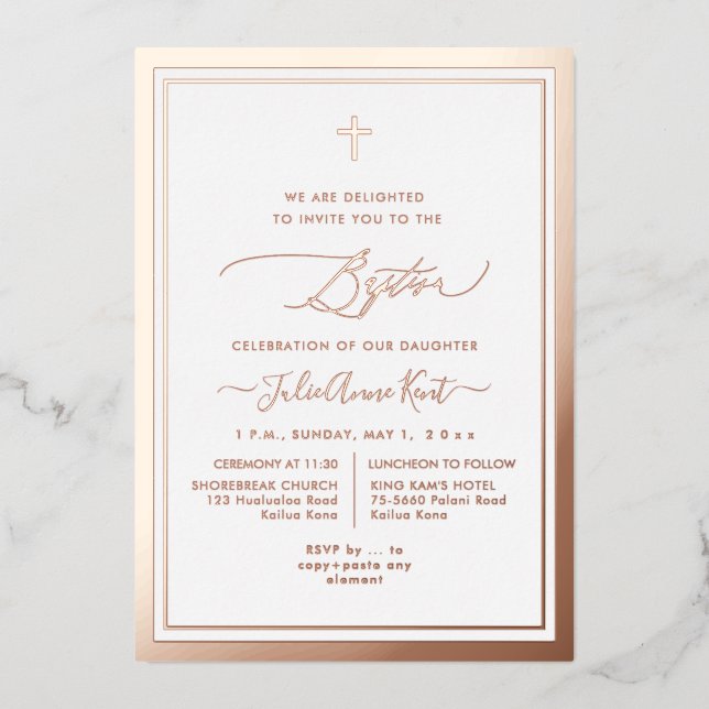 Invitation En Aluminium PixDezines Rose Gold Foil Baptême (Recto)