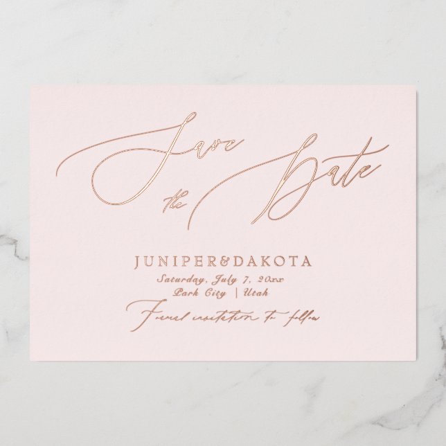 Invitation En Aluminium PixDezines Rose Gold Luxe Script Enregistrer la da (Recto)