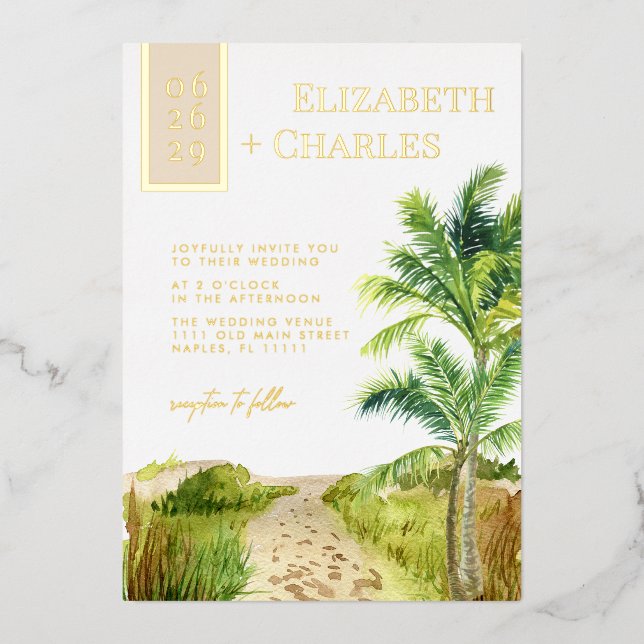 Invitation En Aluminium Plage tropicale Destination Mariage Foil Invitatio (Recto)