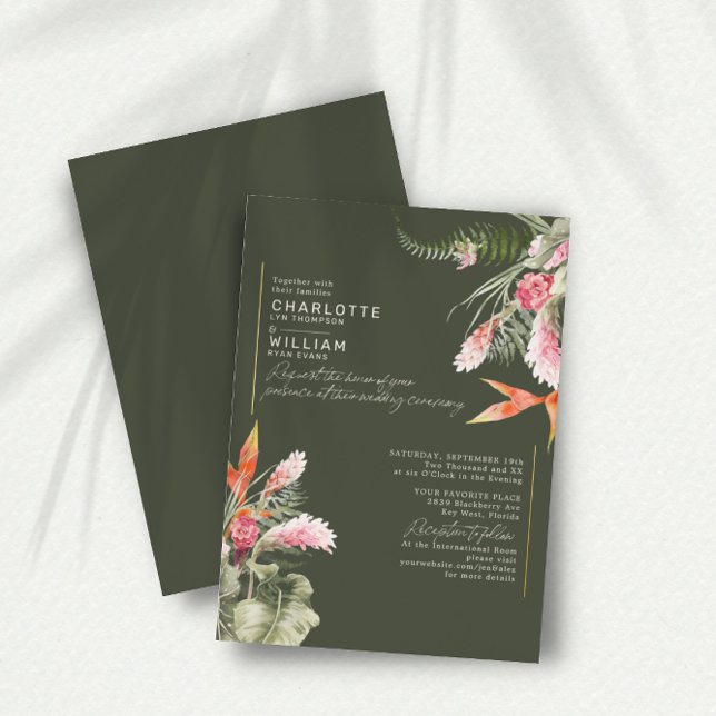 Invitation En Aluminium Plage tropicale Flore Vert foncé Mariage Or (Créateur téléchargé)