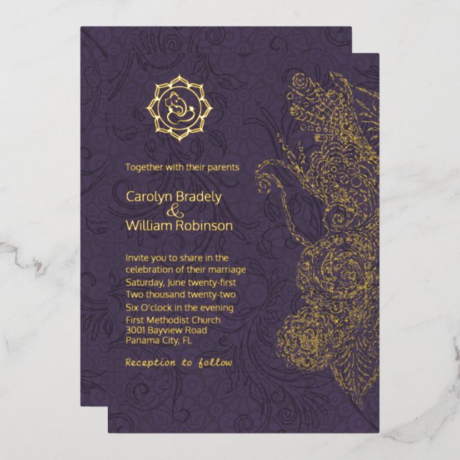Invitation En Aluminium Plum et or Mandala et Mariage Ganesha Foil (Recto/Verso)