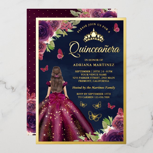 Invitation En Aluminium Plum Floral Papillon Marine bleu Quinceanera Or (Recto/Verso)