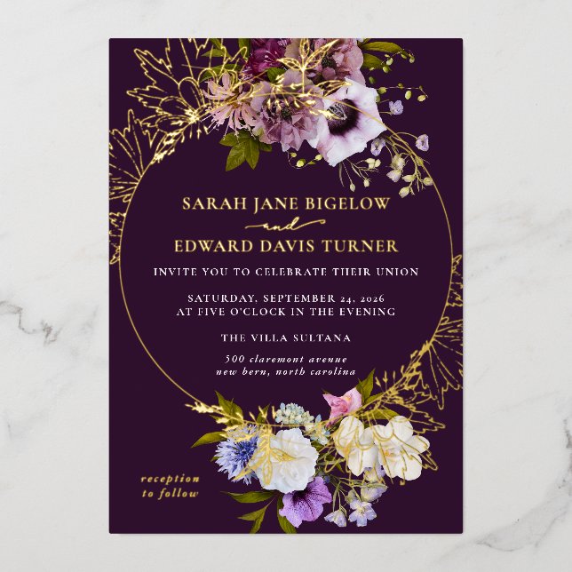 Invitation En Aluminium Plum pourpre de l'aubergine Floral (Recto)