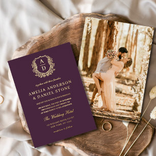 Invitation En Aluminium Plum Purple Gold Leafy Crest Mariage photo