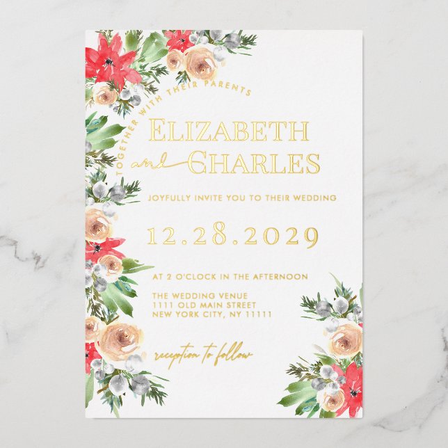 Invitation En Aluminium Poinsettia Verdure Mariage de Noël (Recto)