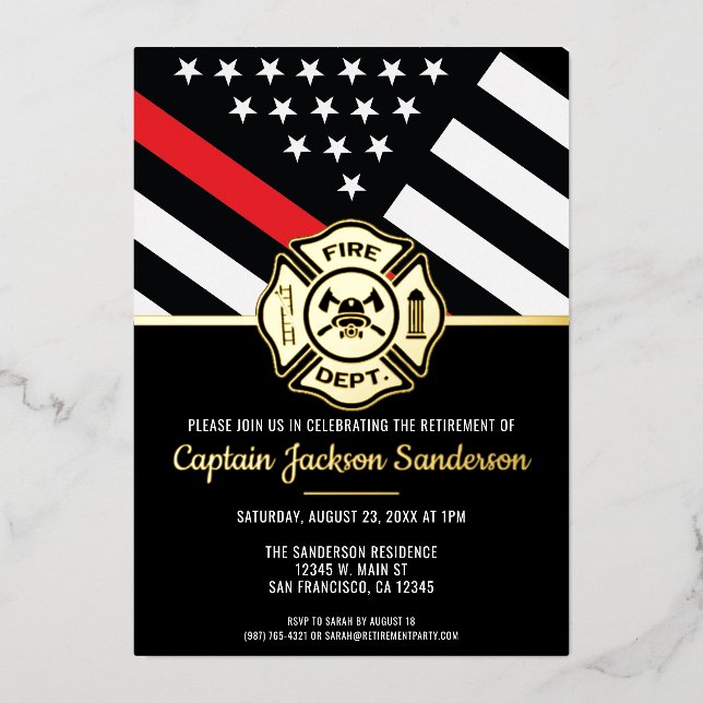 Invitation En Aluminium Pompier Retraite Mince Red Line Flag Fireman (Recto)
