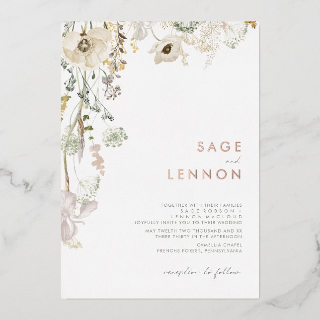 Invitation En Aluminium Pré Fleur sauvage lunaire | Huile d'or Rose (Recto)