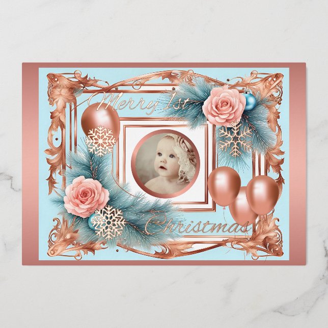 Invitation En Aluminium Premier Noël Baby Girl Pastel Rose Gold Retro (Recto)