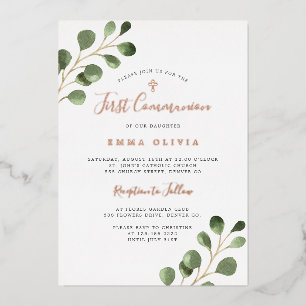 Invitation En Aluminium Première Communion eucalyptus élégant or rose