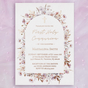 Invitation En Aluminium Première communion fleurs sauvages argent