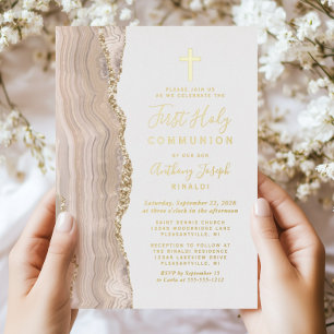 Invitation En Aluminium Première communion Ivory Gold Agate