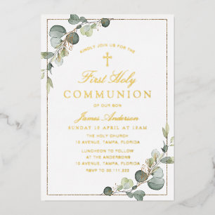 Invitation En Aluminium première communion verte dorée