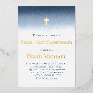 Invitation En Aluminium Première Sainte Communion aquarelle bleu foncé 