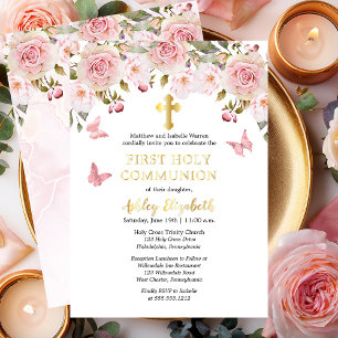 Invitation En Aluminium Première Sainte Communion aux papillons et roses r