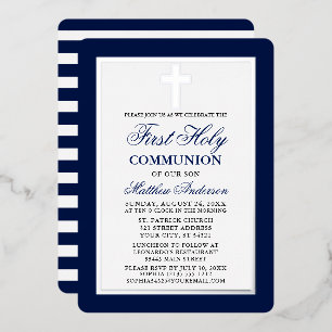 Invitation En Aluminium Première Sainte Communion Bleu Stripes Cadre Argen