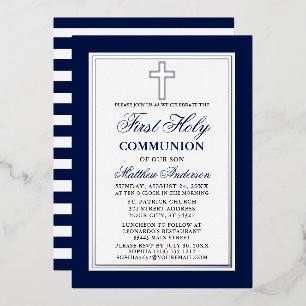 Invitation En Aluminium Première Sainte Communion Bleue Stripes Croix Arge