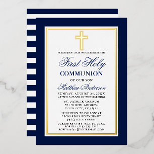 Invitation En Aluminium Première Sainte Communion Bleue Stripes Croix Or