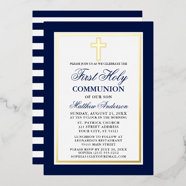 Invitation En Aluminium Première Sainte Communion Bleue Stripes Croix Or (Recto/Verso)