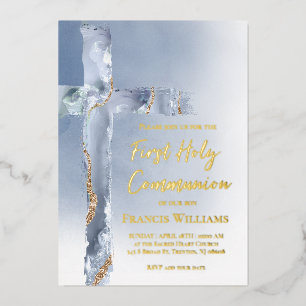 Invitation En Aluminium Première Sainte Communion croix bleu poussiéreux