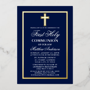 Invitation En Aluminium Première Sainte Communion Croix Marine Or Bleu